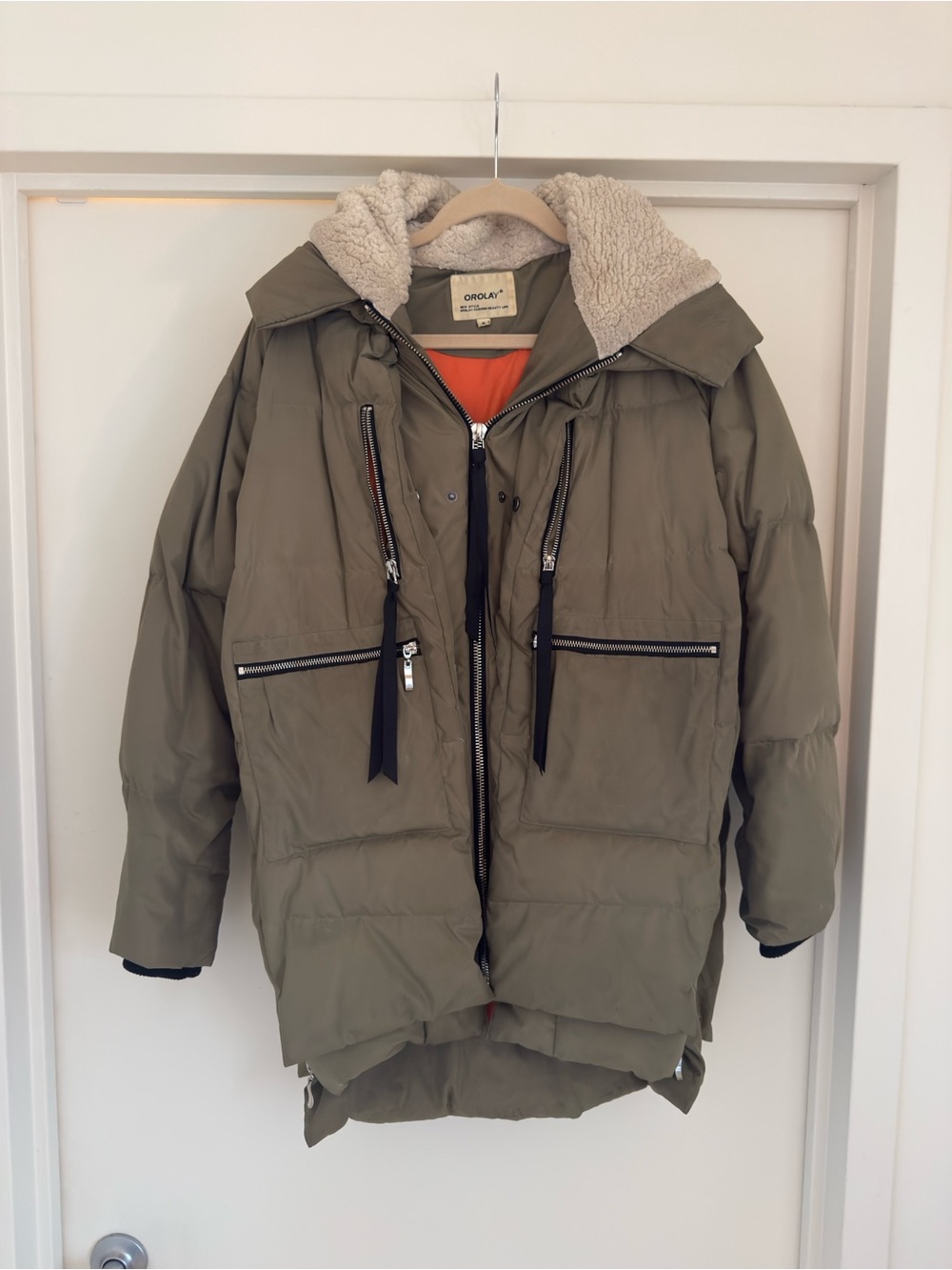 OROLAY Women's Olive Sherpa-Lined Puffer Jacket (M)